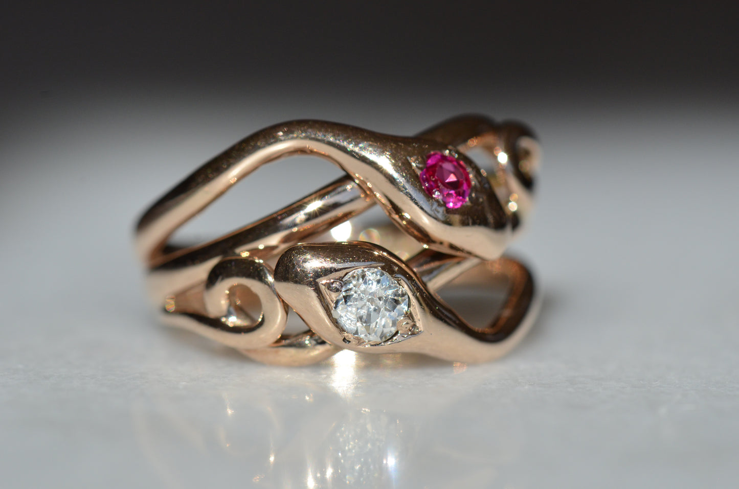 Lively Diamond and Ruby Snake Ring