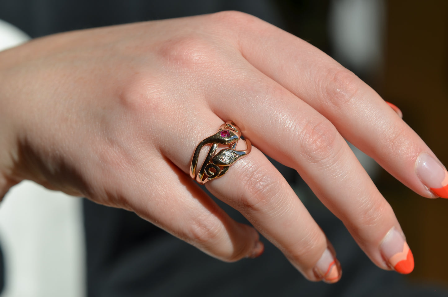 Lively Diamond and Ruby Snake Ring