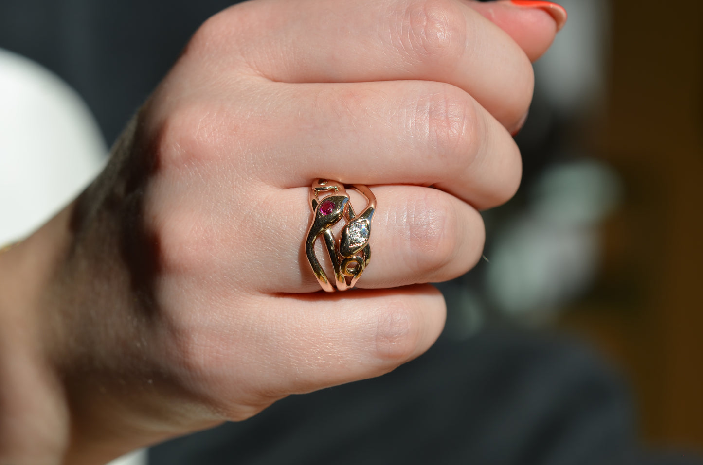 Lively Diamond and Ruby Snake Ring