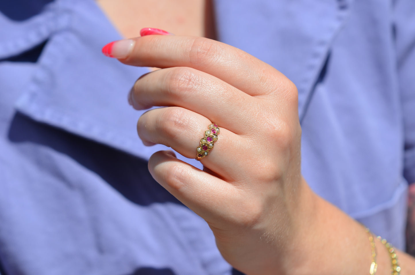 Chic Antique Pearl and Ruby Checkerboard Ring