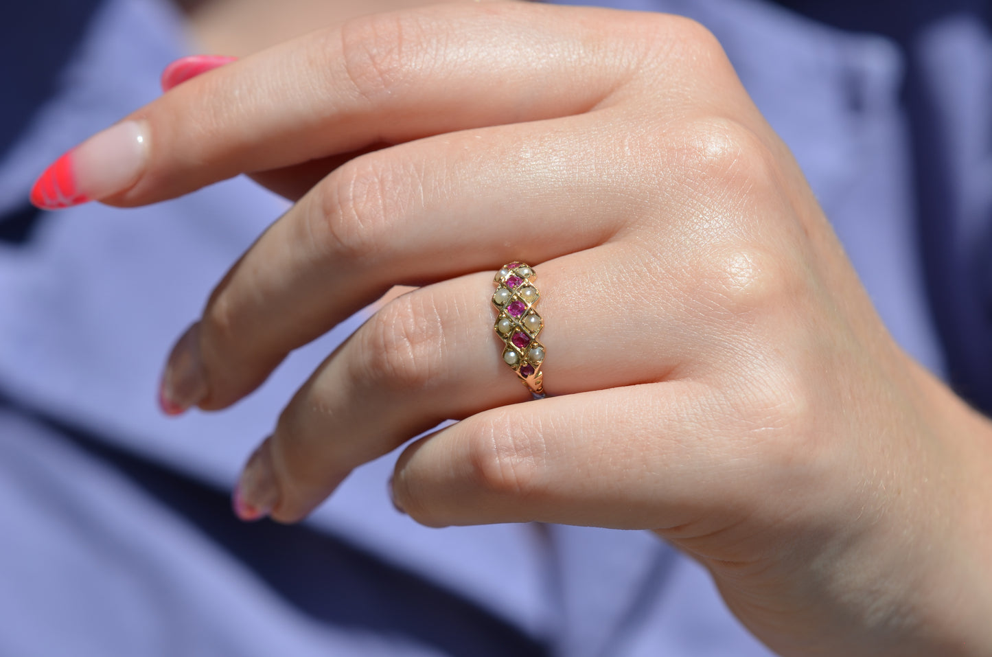 Chic Antique Pearl and Ruby Checkerboard Ring