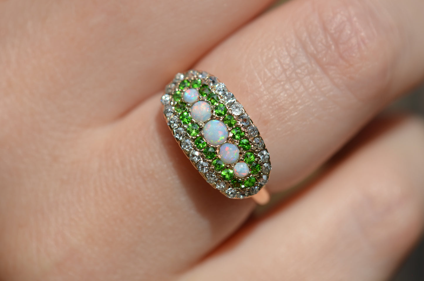 Dazzling Edwardian Opal, Demantoid Garnet, and Diamond Cluster Ring