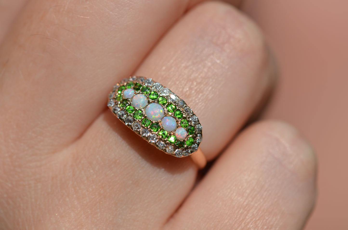 Dazzling Edwardian Opal, Demantoid Garnet, and Diamond Cluster Ring