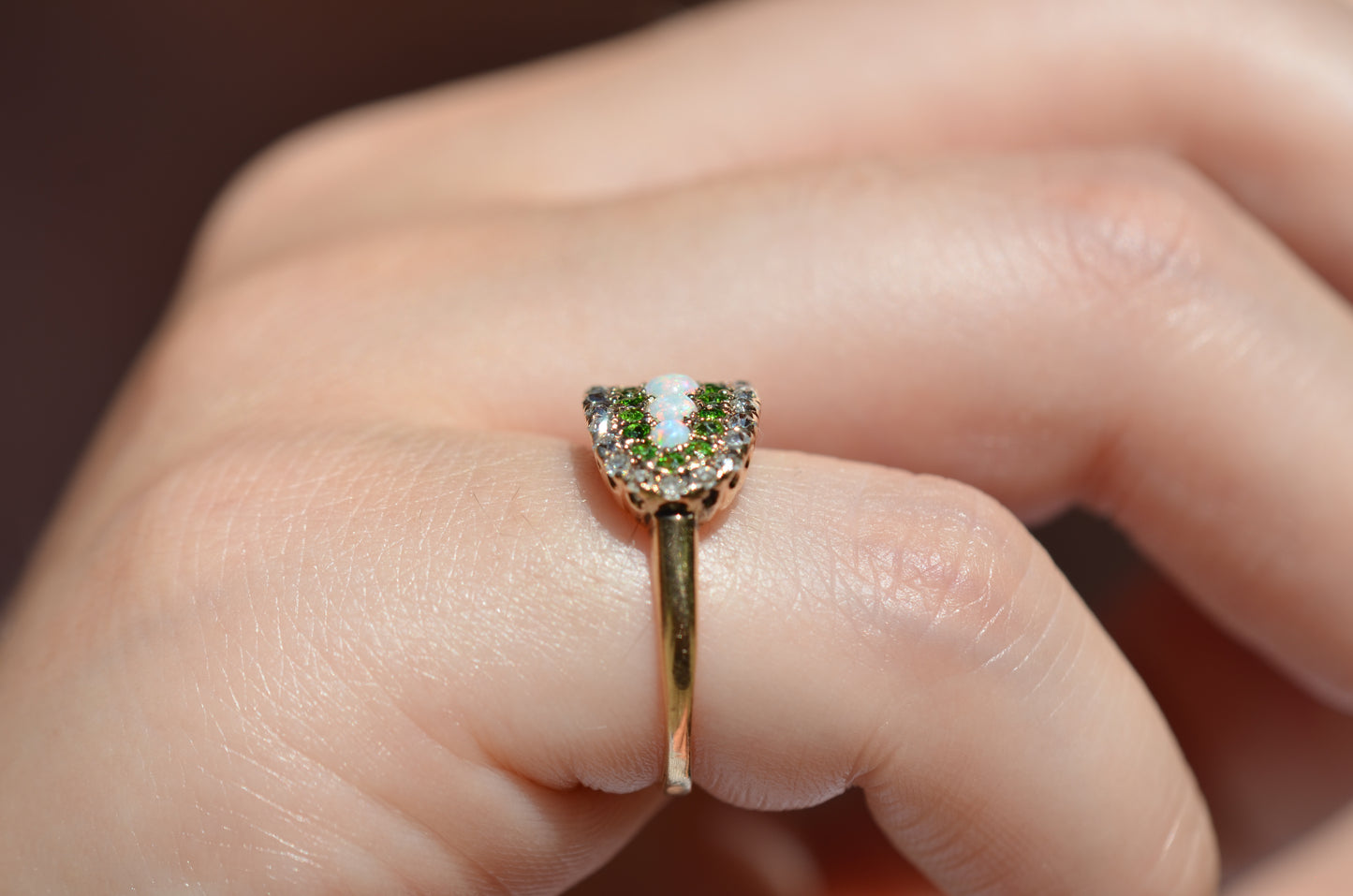 Dazzling Edwardian Opal, Demantoid Garnet, and Diamond Cluster Ring