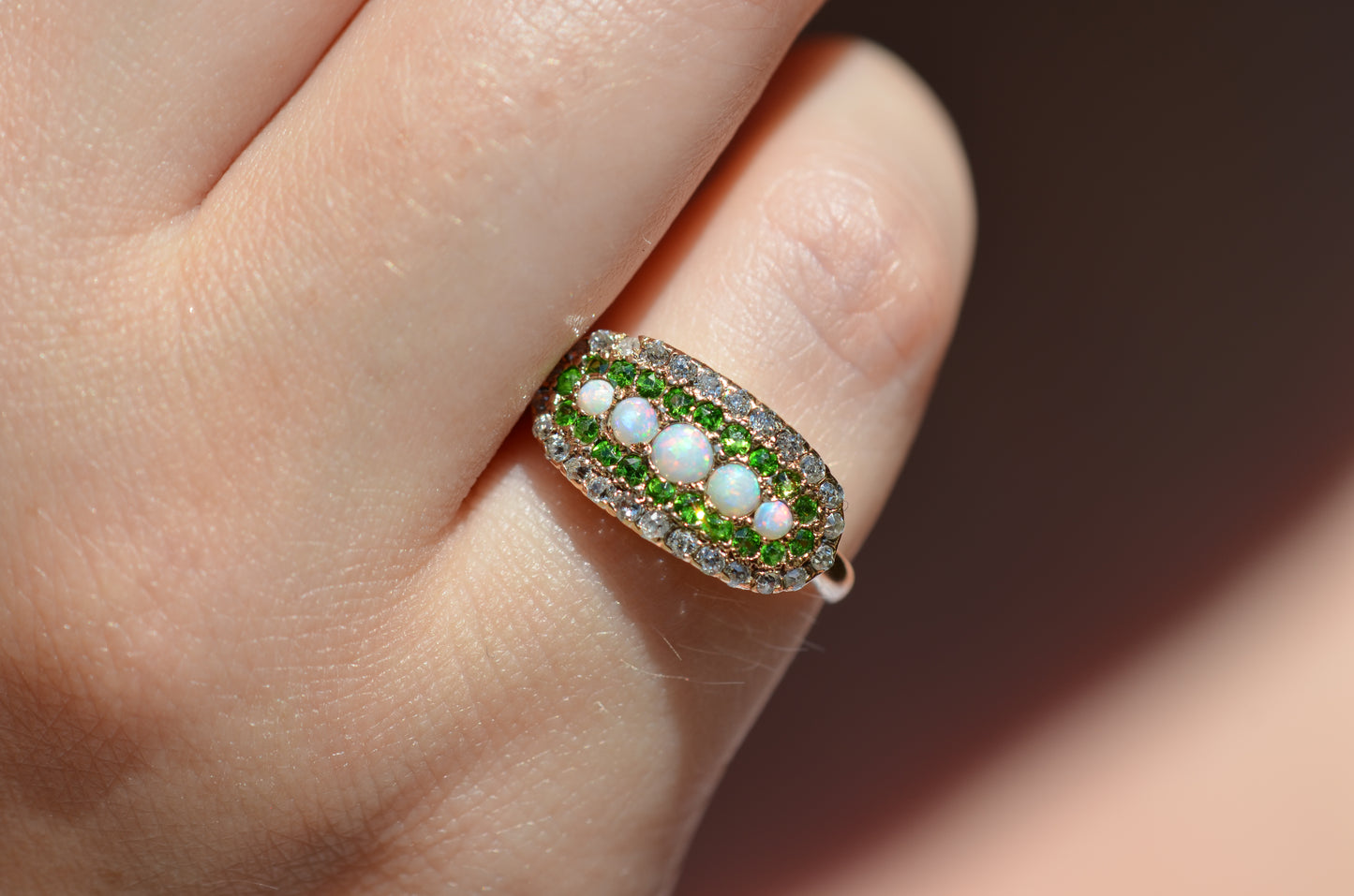 Dazzling Edwardian Opal, Demantoid Garnet, and Diamond Cluster Ring