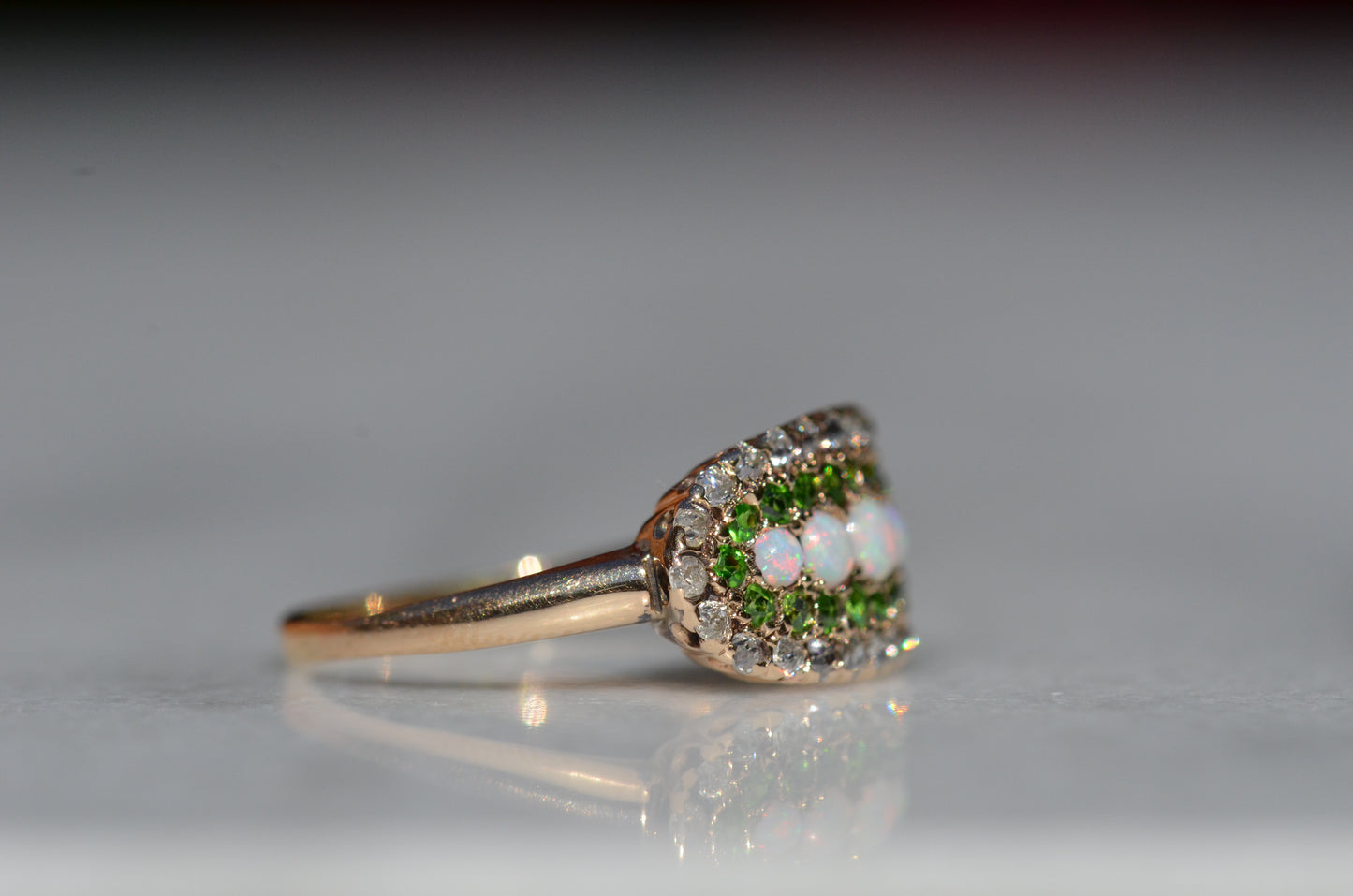 Dazzling Edwardian Opal, Demantoid Garnet, and Diamond Cluster Ring
