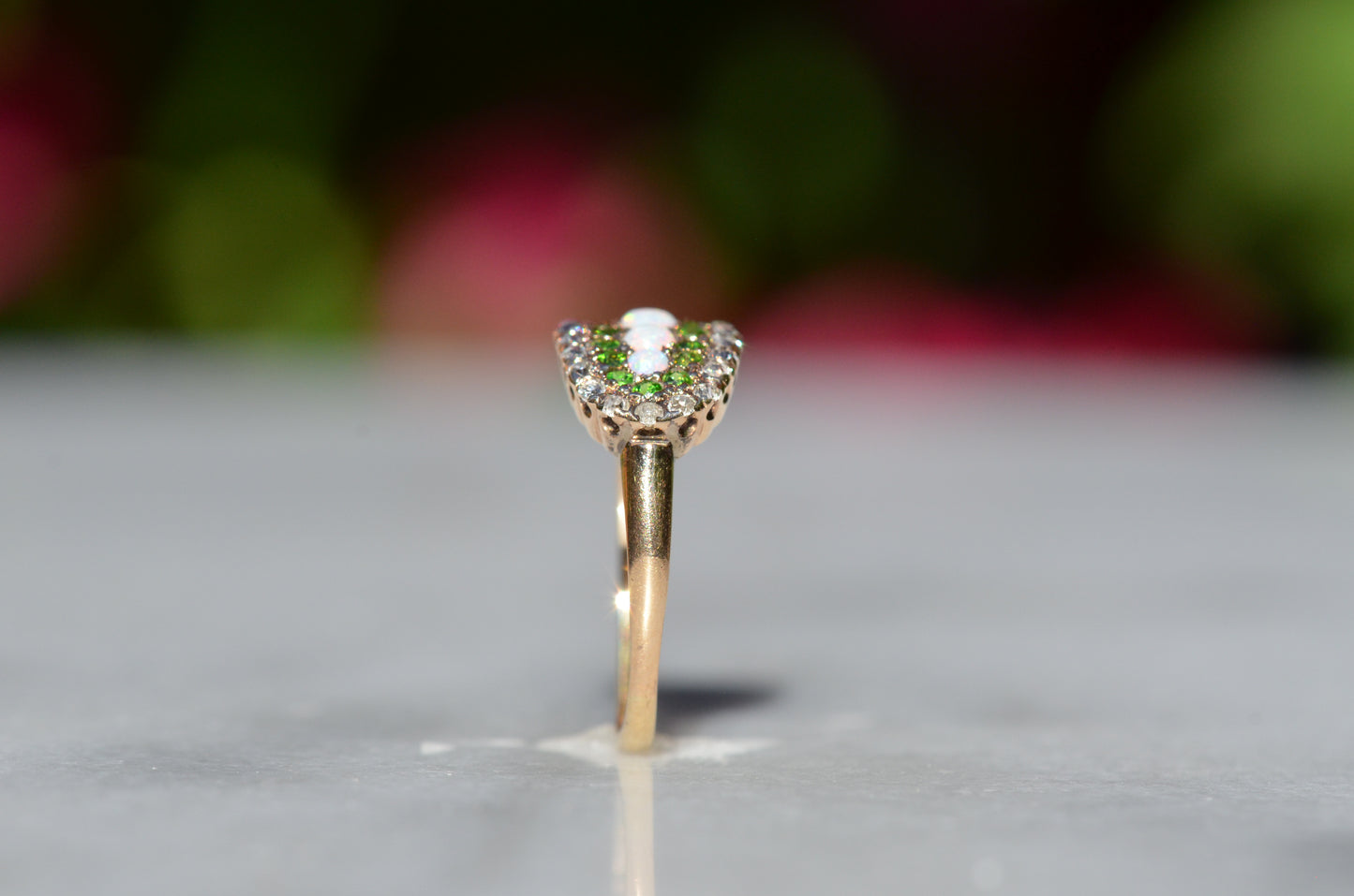 Dazzling Edwardian Opal, Demantoid Garnet, and Diamond Cluster Ring