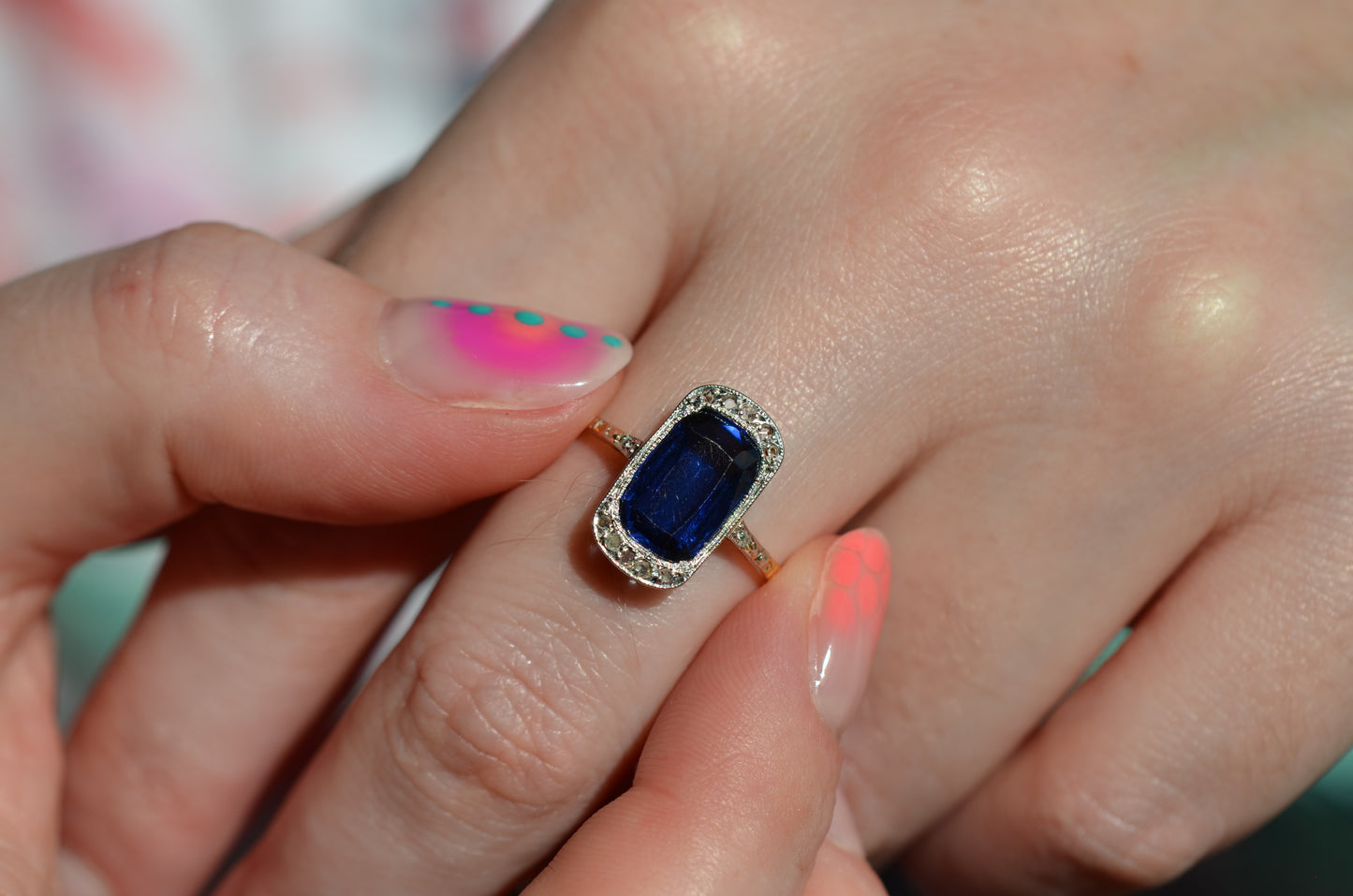 Vivid Art Deco Synthetic Sapphire Ring