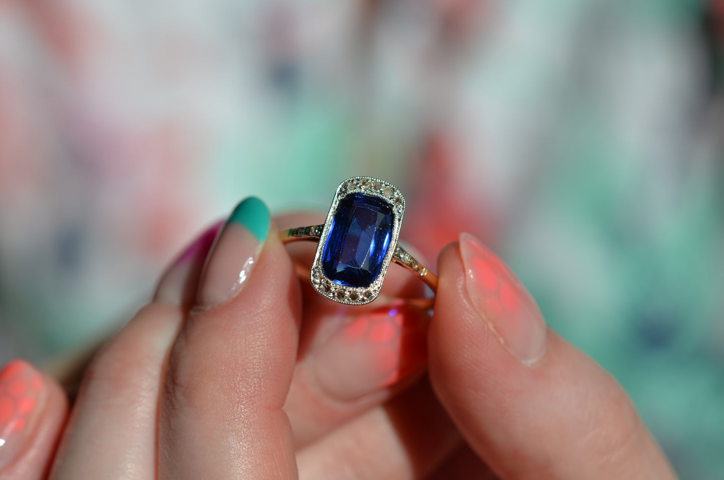 Vivid Art Deco Synthetic Sapphire Ring