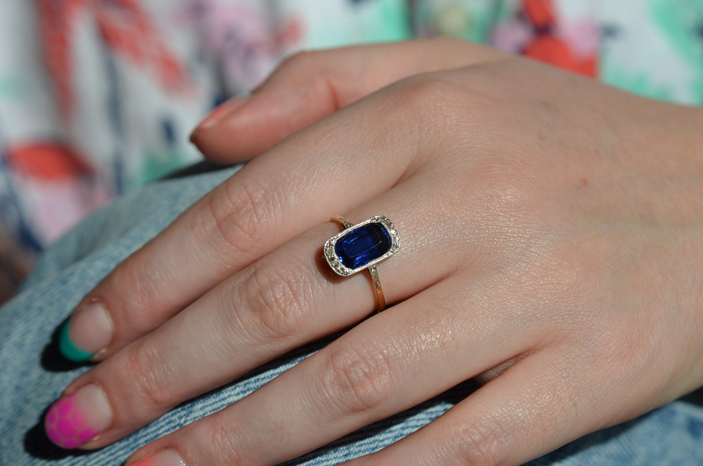 Vivid Art Deco Synthetic Sapphire Ring