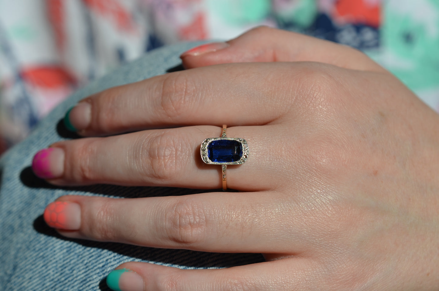 Vivid Art Deco Synthetic Sapphire Ring