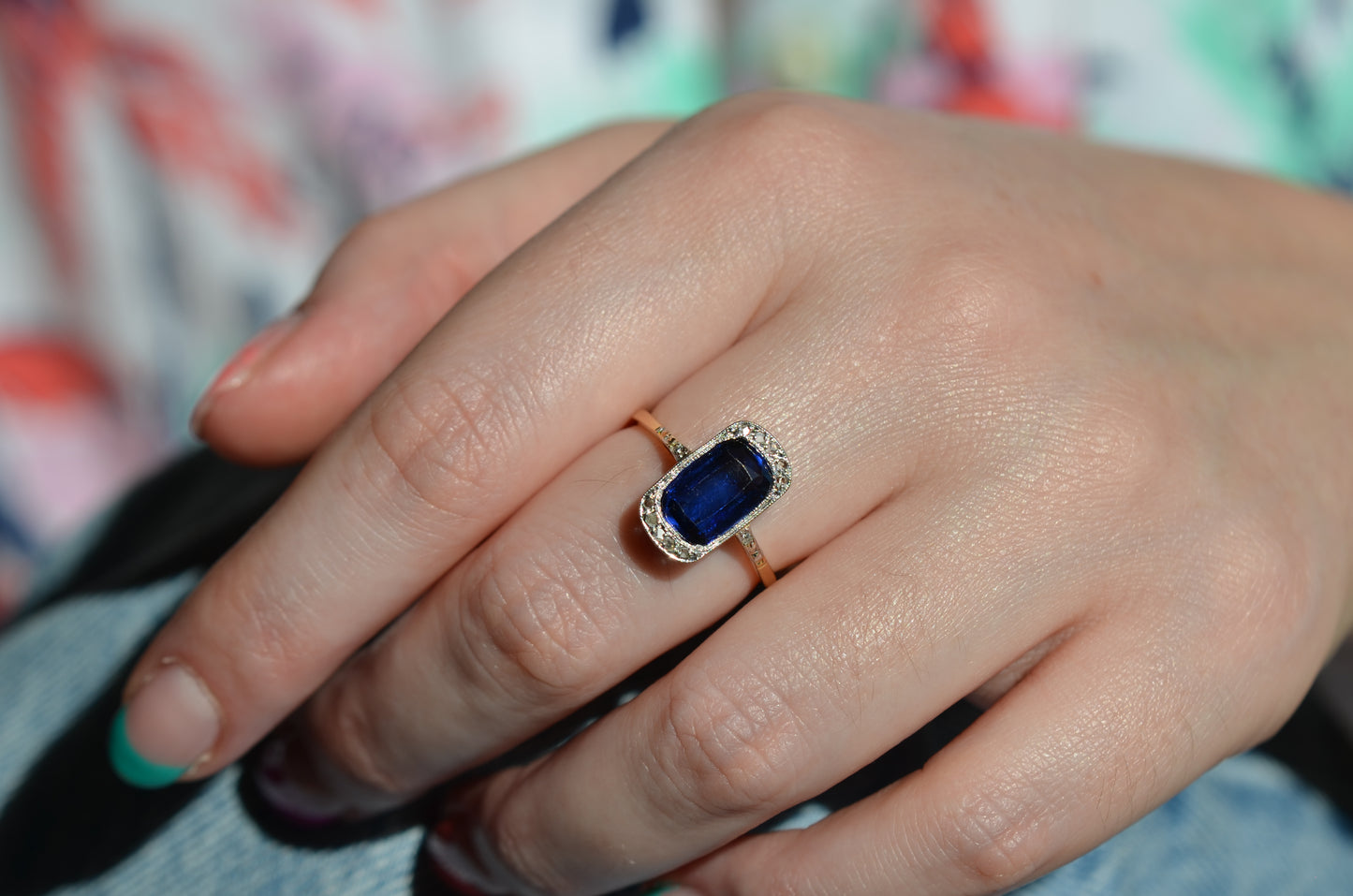 Vivid Art Deco Synthetic Sapphire Ring