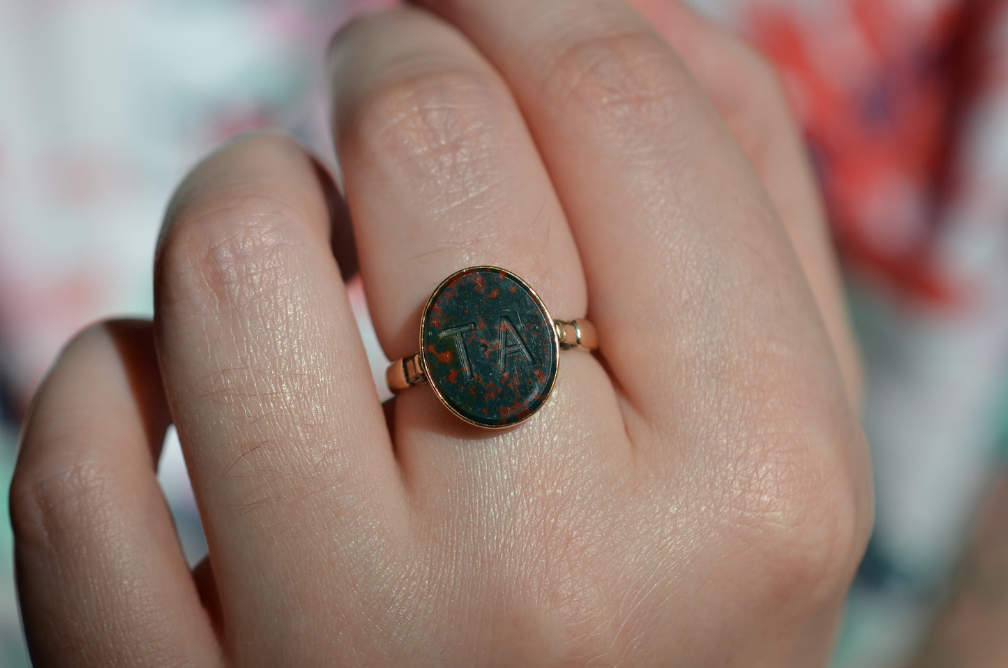 Engraved Antique Bloodstone Signet Ring TA