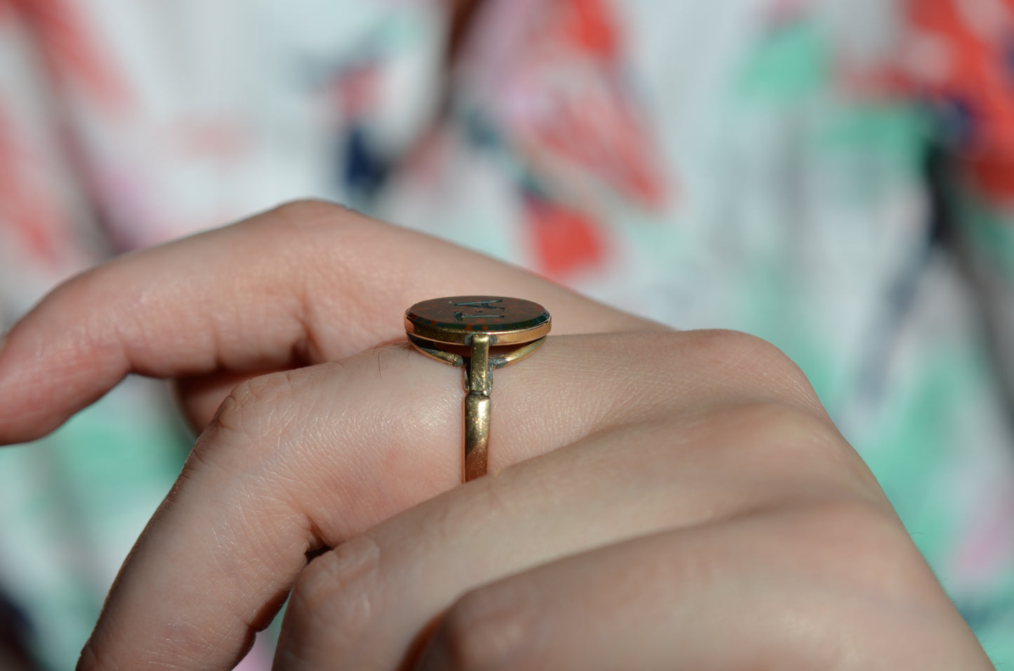 Engraved Antique Bloodstone Signet Ring TA