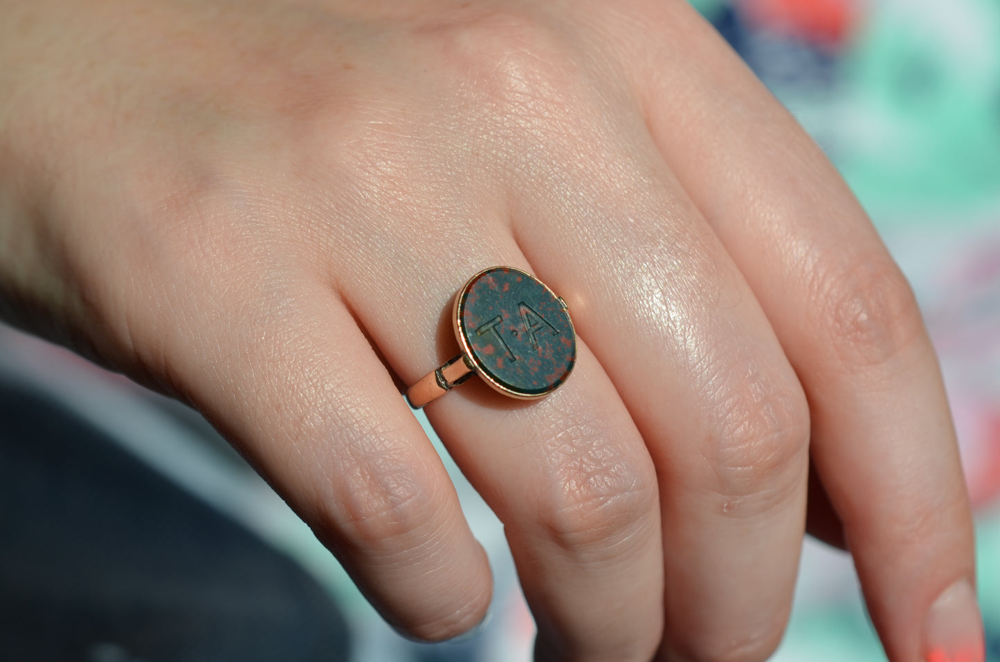 Engraved Antique Bloodstone Signet Ring TA