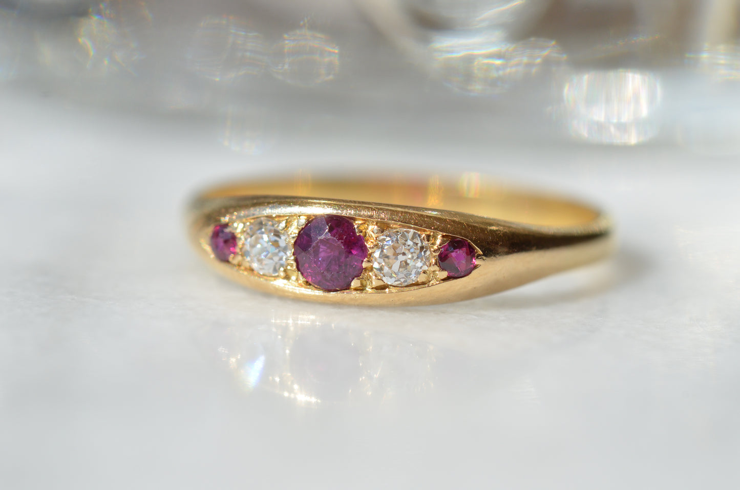 Vivid Antique Ruby and Diamond Boat Ring