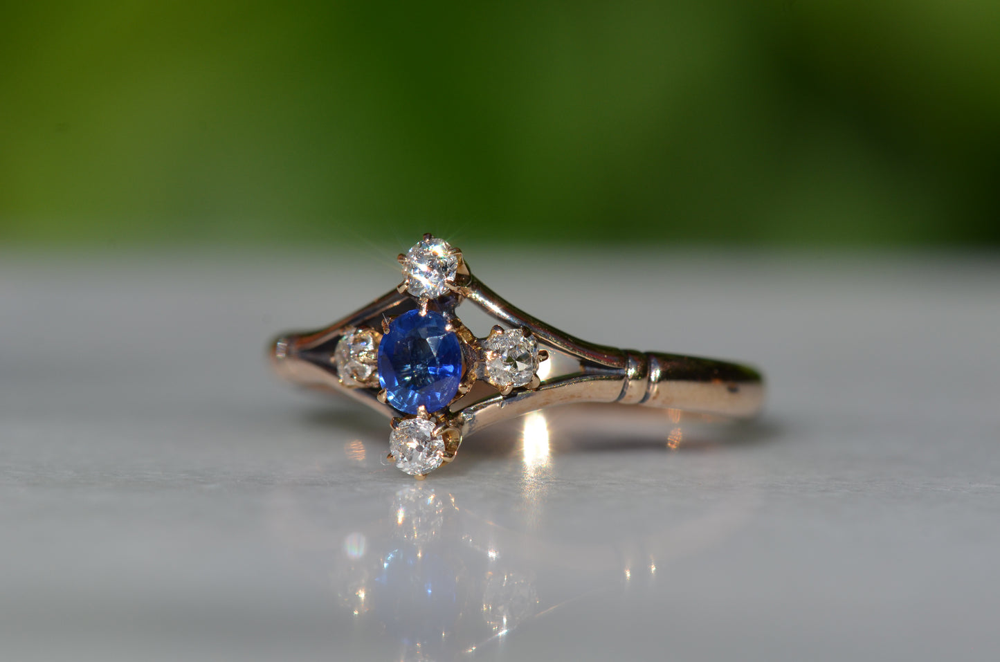 Vivid Antique Sapphire and Diamond Cardinal Ring