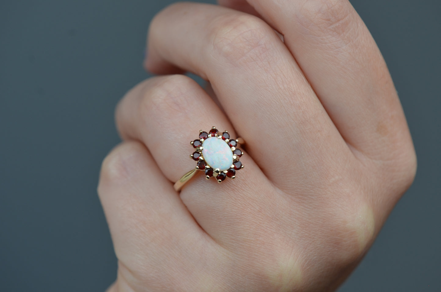 Dazzling Vintage Opal and Garnet Halo Ring