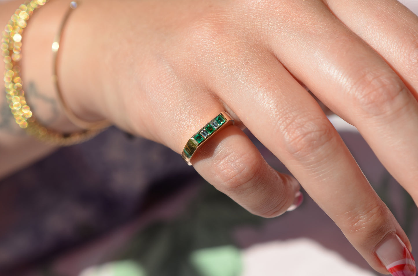 Petite Vintage Emerald and Diamond Channel Ring